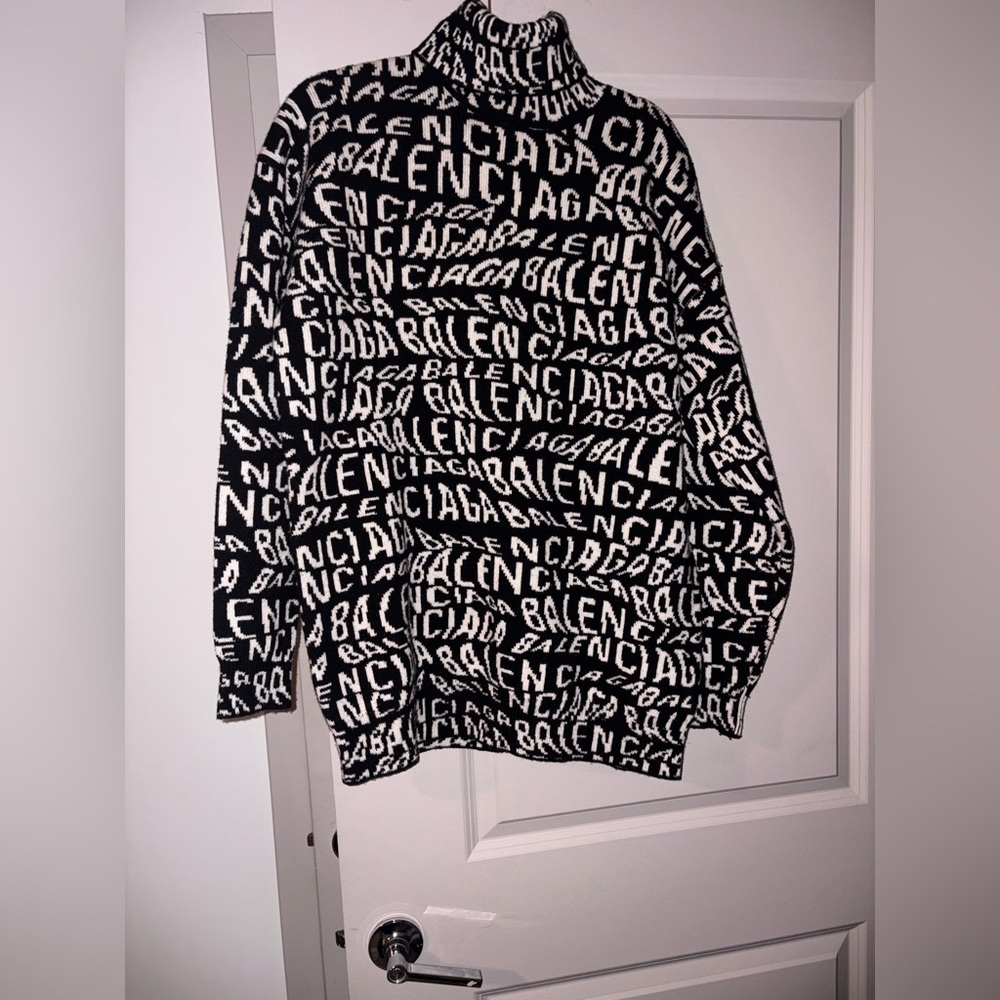 Balenciaga Black and White Logo Turtleneck Sweater